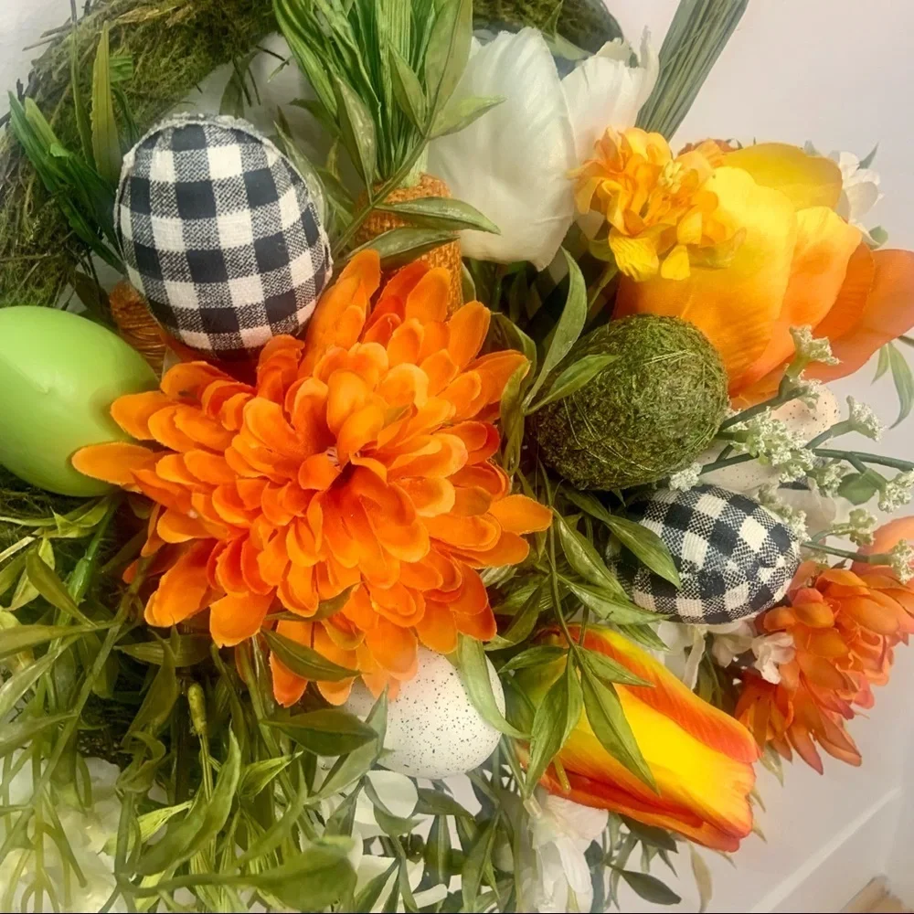 Easter Bunny Shaped Moss Floral Spring Orange Wreath Farmhouse Black White Plaid